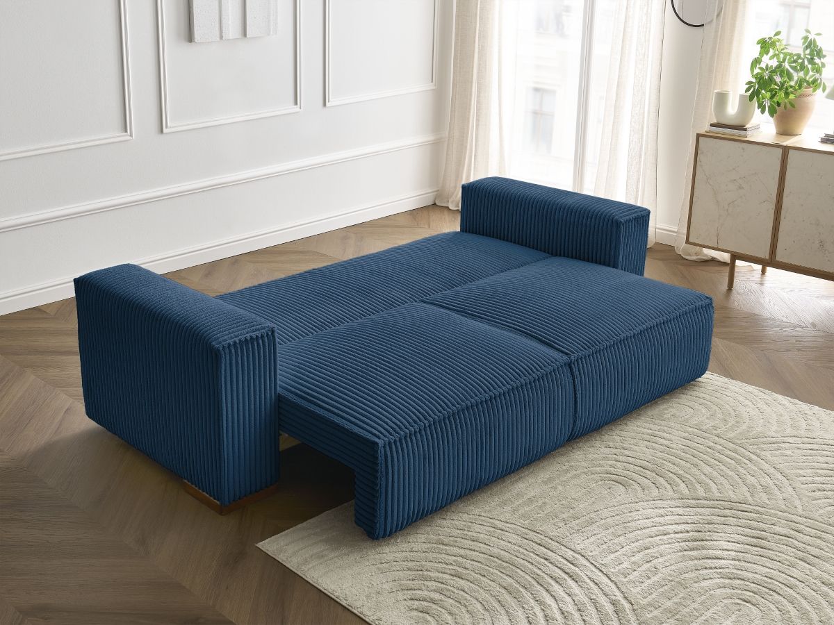 Bobochic Chelsea Schlafsofa 3-Sitzer mit Bettkasten Breitcord weich Dunkelblau