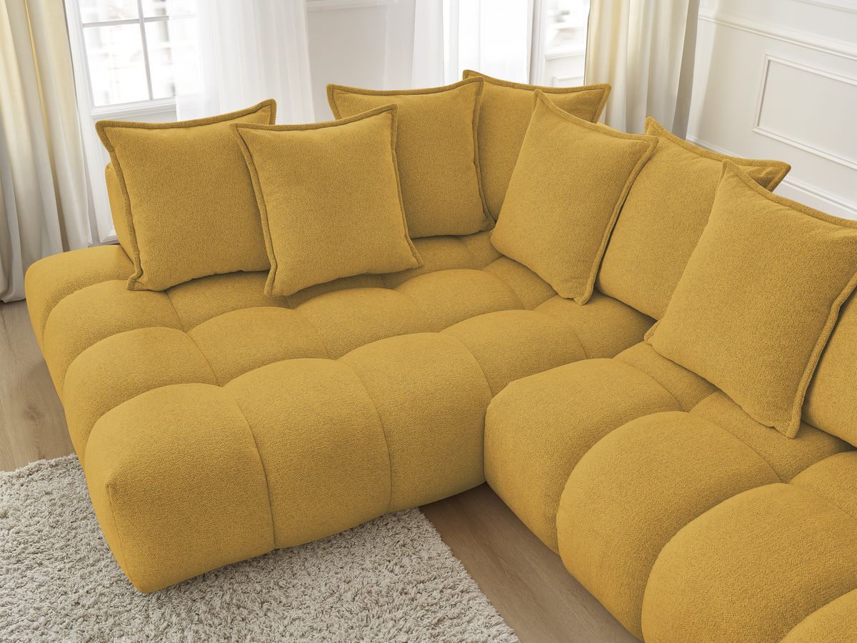 Bobochic Everest Ecksofa mit Schlaffunktion und Pouf, 10 Kissen Melange-Stoff Gelb Ecke links