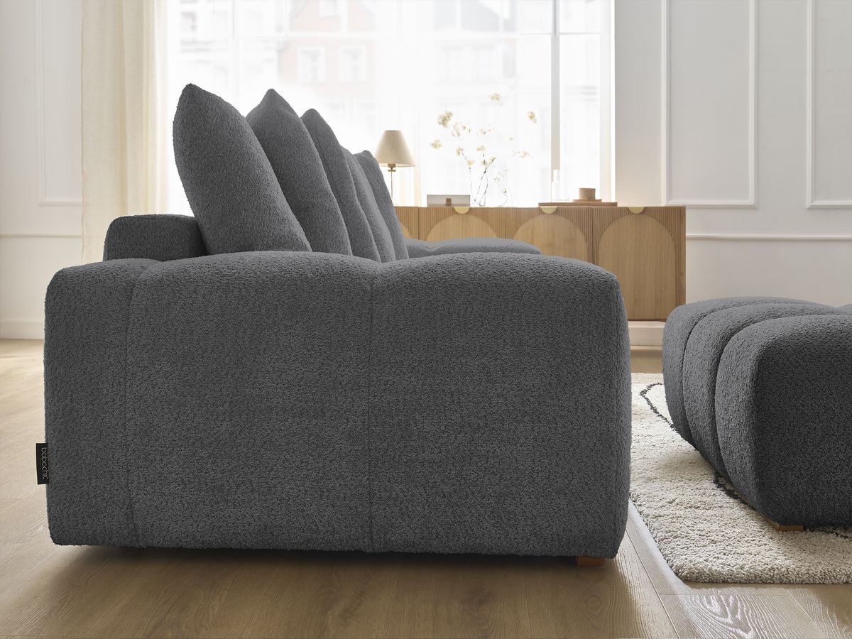 Bobochic Anakin Sofa 3-Sitzer mit Pouf, 6 Kissen Bouclé-Stoff Dunkelgrau