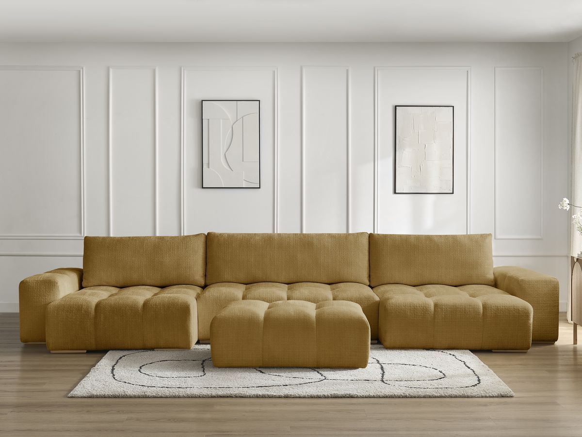 Bobochic Anakin Wohnlandschaft mit Pouf, 3 Kissen Strukturstoff Gelb