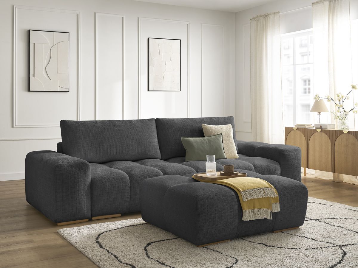 Bobochic Anakin Schlafsofa 3-Sitzer mit Bettkasten und Pouf, 2 Kissen Strukturstoff Schwarz