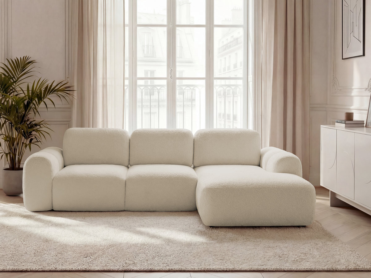 Bobochic Montaigne Ecksofa mit Schlaffunktion und Bettkasten 276 × 164 cm Bouclé-Stoff Beige Ecke rechts