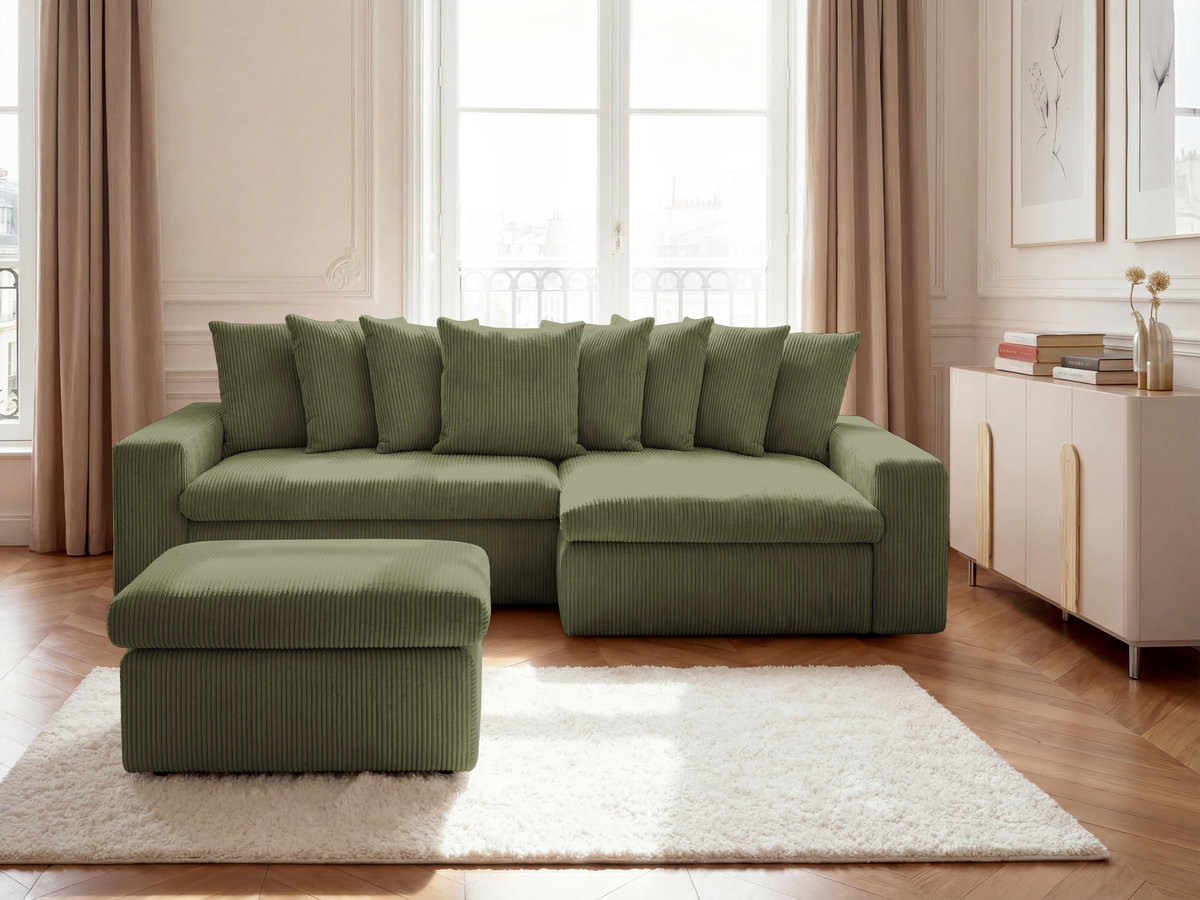 Bobochic Enore Ecksofa mit Pouf Cordsamt Hellgrün Ecke rechts