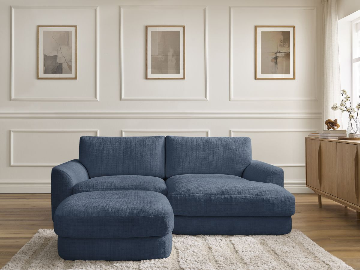 Bobochic Leonore Ecksofa mit Pouf Strukturstoff Dunkelblau Ecke rechts