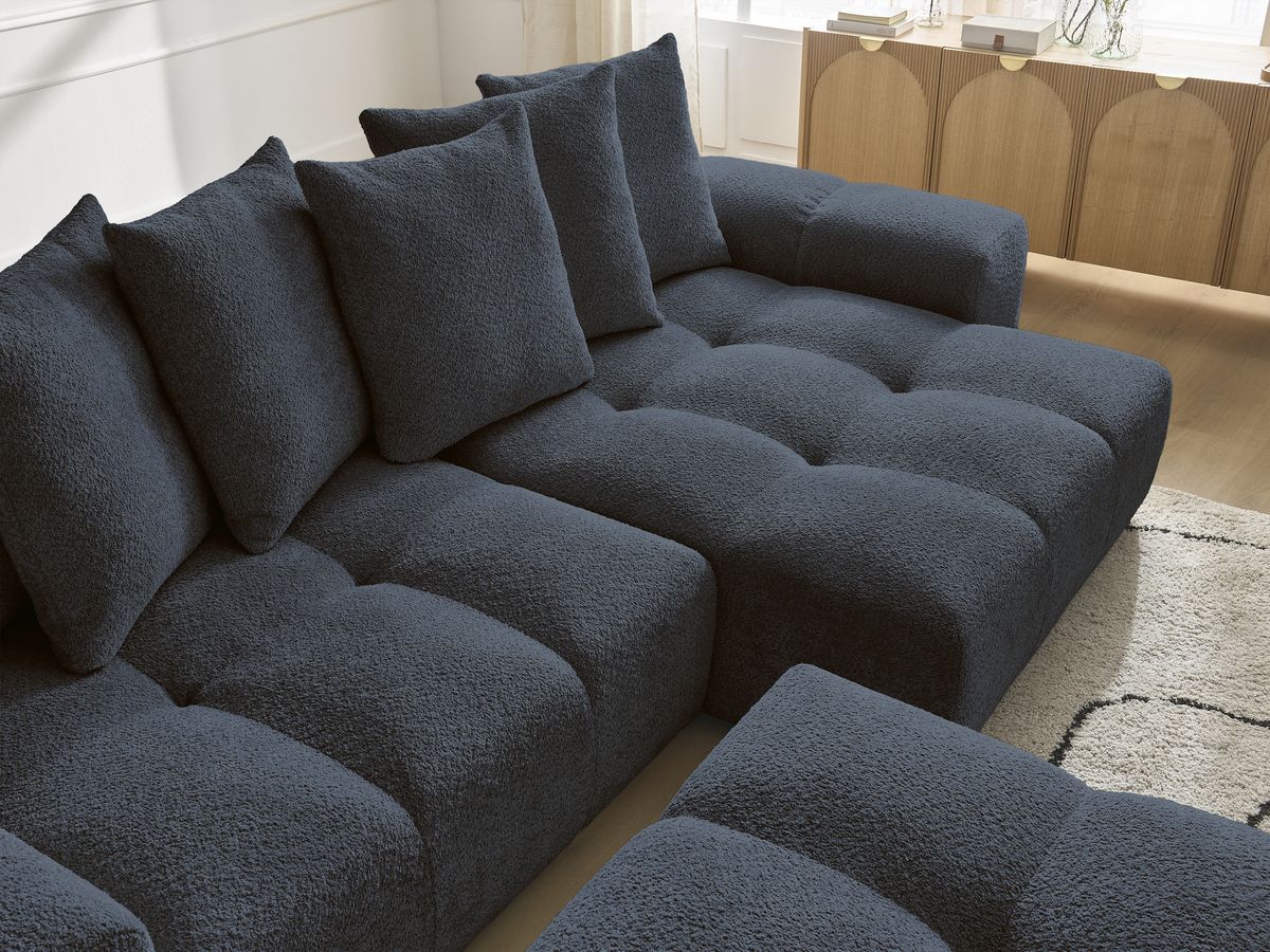 Bobochic Anakin Ecksofa mit Pouf, 6 Kissen Bouclé-Stoff Dunkelblau