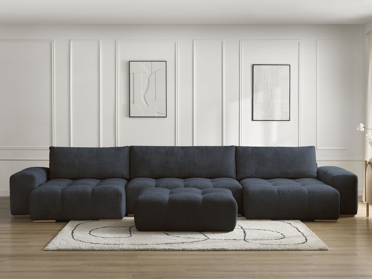 Bobochic Anakin Wohnlandschaft mit Pouf, Liegefläche 137 × 382 cm, 3 Kissen Bouclé-Stoff Dunkelblau