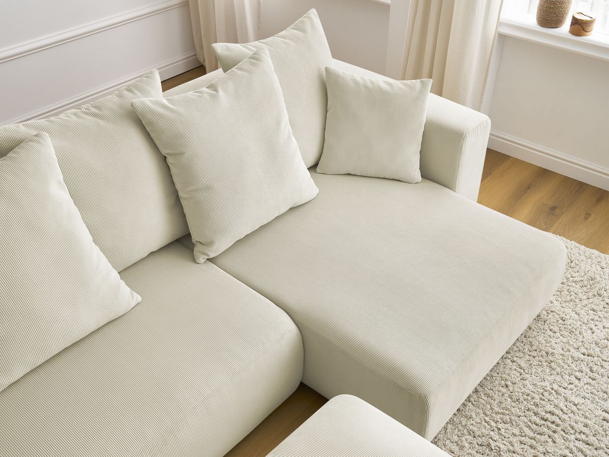 Bobochic Sidonie Ecksofa mit Schlaffunktion und Bettkasten und Pouf Cordsamt Beige