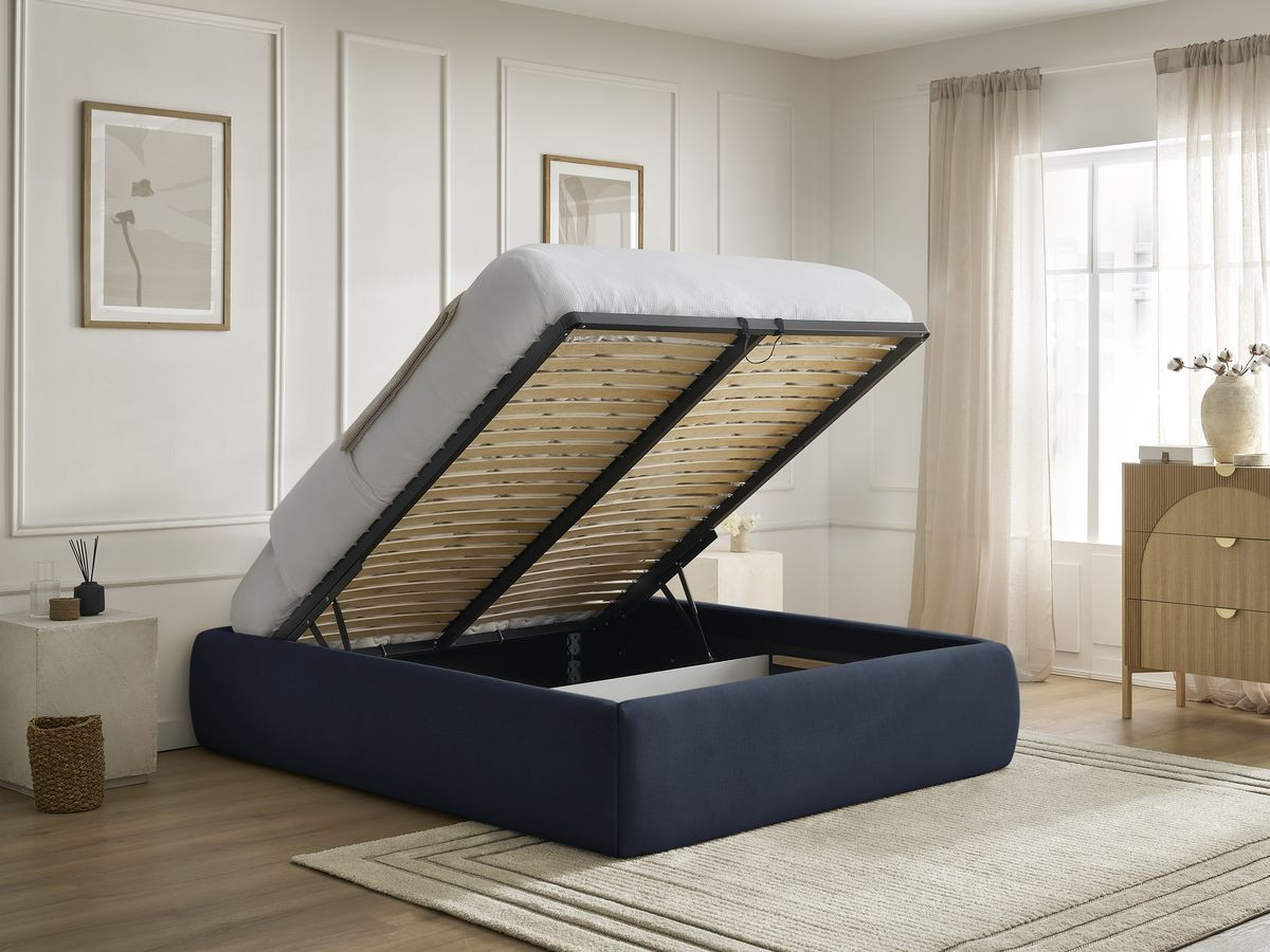 Bobochic Inera Bettgestell mit Bettkasten, ohne Kopfteil Stoff Blau, Liegefläche 160 × 200 cm