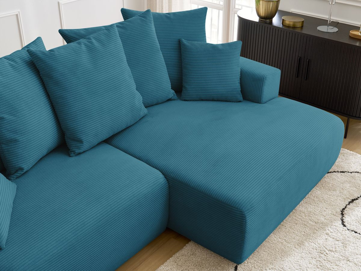 Bobochic Atilla Ecksofa mit Schlaffunktion und Bettkasten Cordsamt Hellblau Ecke rechts