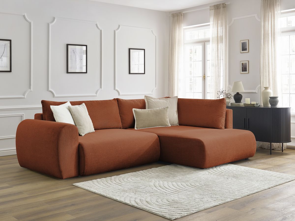 Bobochic Lucien Ecksofa mit Schlaffunktion und Bettkasten 296 × 198 cm Stoff Orange Ecke rechts
