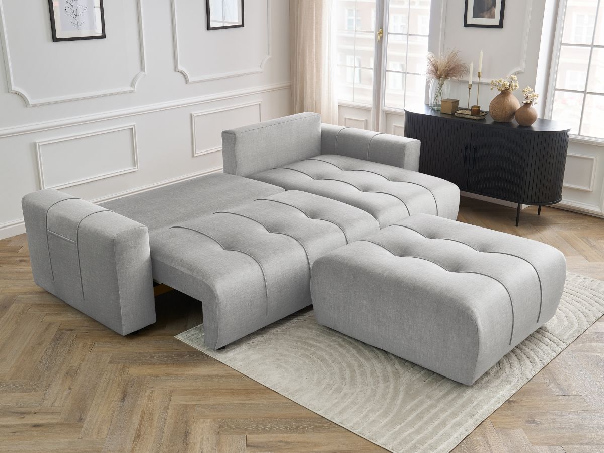 Bobochic Arsene Ecksofa mit Schlaffunktion und Bettkasten und Pouf 288 × 148 cm Samt Hellgrau