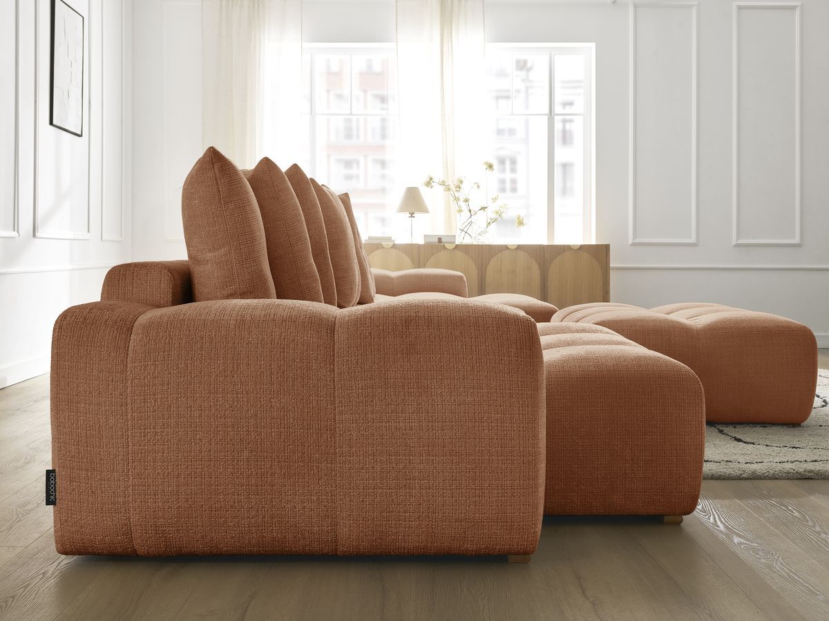 Bobochic Anakin Wohnlandschaft mit Pouf, Liegefläche 137 × 382 cm, 10 Kissen Strukturstoff Orange