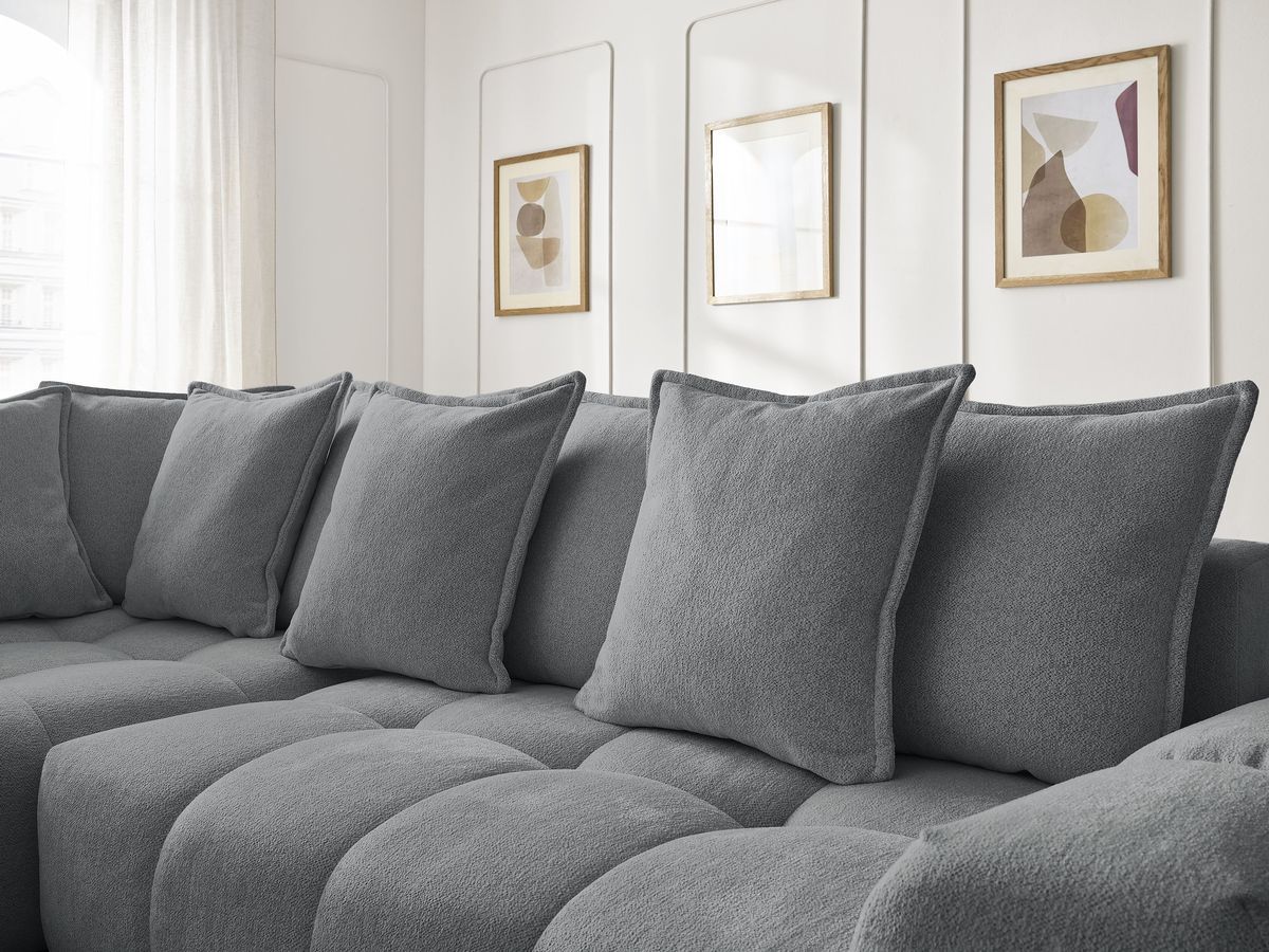 Bobochic Everest Ecksofa mit Schlaffunktion und Bettkasten 320 × 212 cm, 10 Kissen Melange-Stoff Dunkelgrau Ecke links