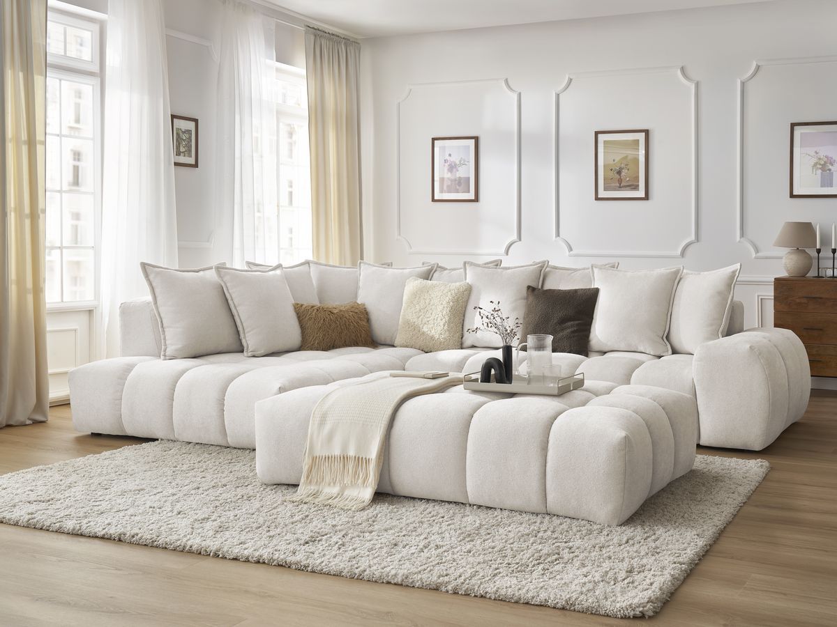 Bobochic Everest Ecksofa mit Schlaffunktion und Pouf, 10 Kissen Strukturstoff Weiß Ecke links