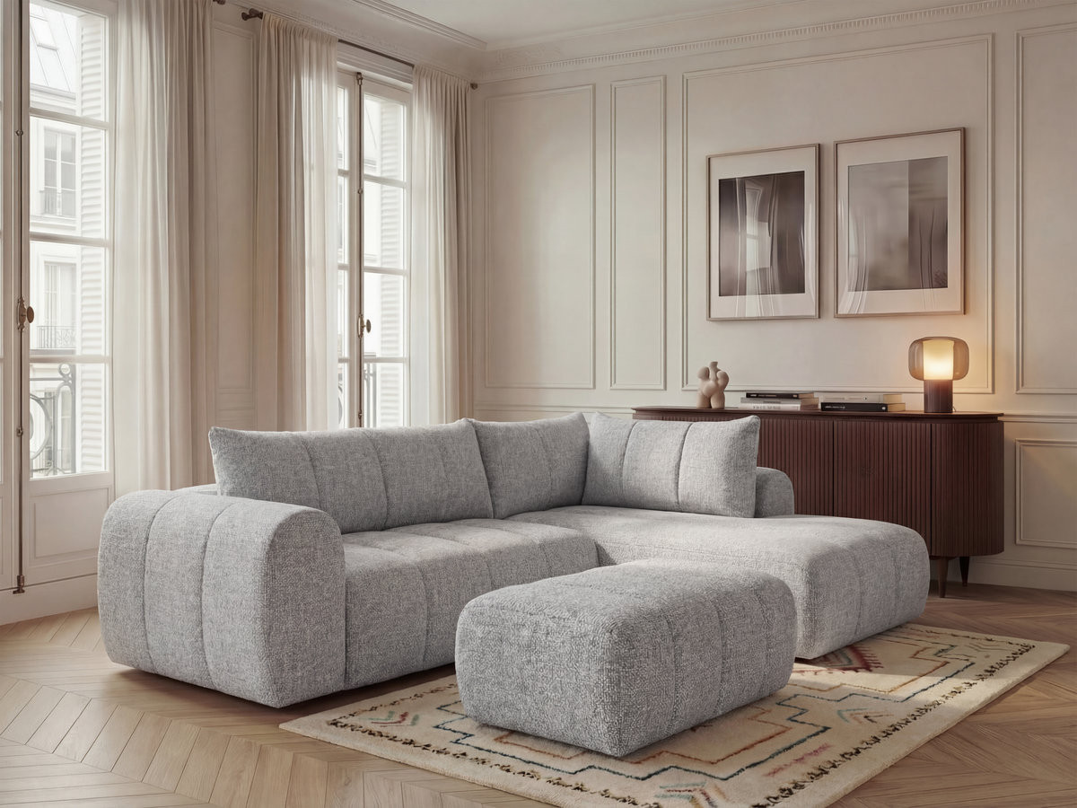 Bobochic Nesty Ecksofa in L-Form, 256 cm, mit Pouf Melange-Stoff Hellgrau Ecke rechts