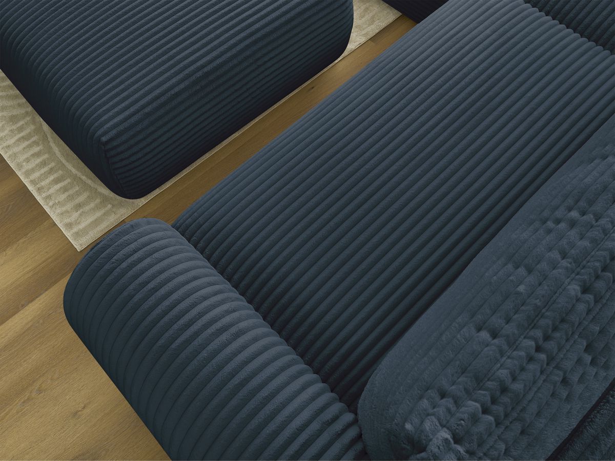 Bobochic Lucien Ecksofa mit Schlaffunktion und Bettkasten und Pouf 314 × 167 cm Breitcord weich Dunkelblau Ecke links