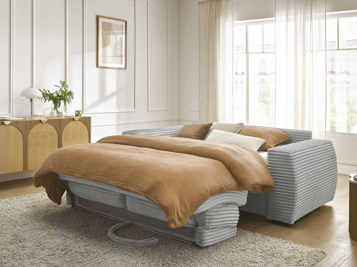 Bobochic Hugo Schlafsofa 3-Sitzer Cordsamt Hellgrau, Liegefläche 160 × 190 cm