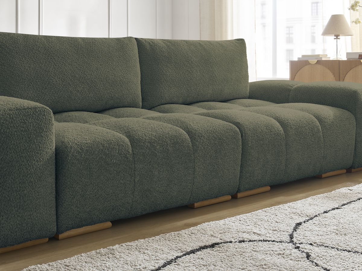 Bobochic Anakin Schlafsofa 3-Sitzer mit Bettkasten und Pouf, 2 Kissen Bouclé-Stoff Grün