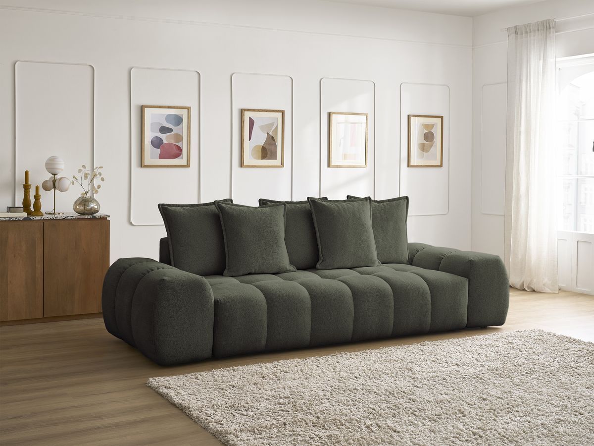 Bobochic Everest Schlafsofa 3-Sitzer mit Bettkasten, 5 Kissen Melange-Stoff Grün