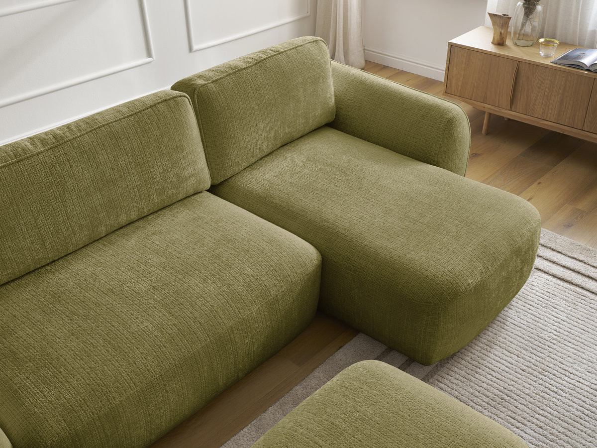 Bobochic Denise Ecksofa mit Schlaffunktion und Bettkasten und Pouf 258 × 160 cm Strukturstoff Grün Ecke rechts