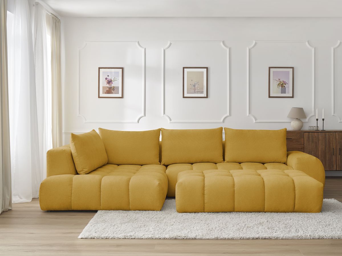 Bobochic Everest Ecksofa mit Schlaffunktion und Pouf, 4 Kissen Strukturstoff Gelb Ecke links