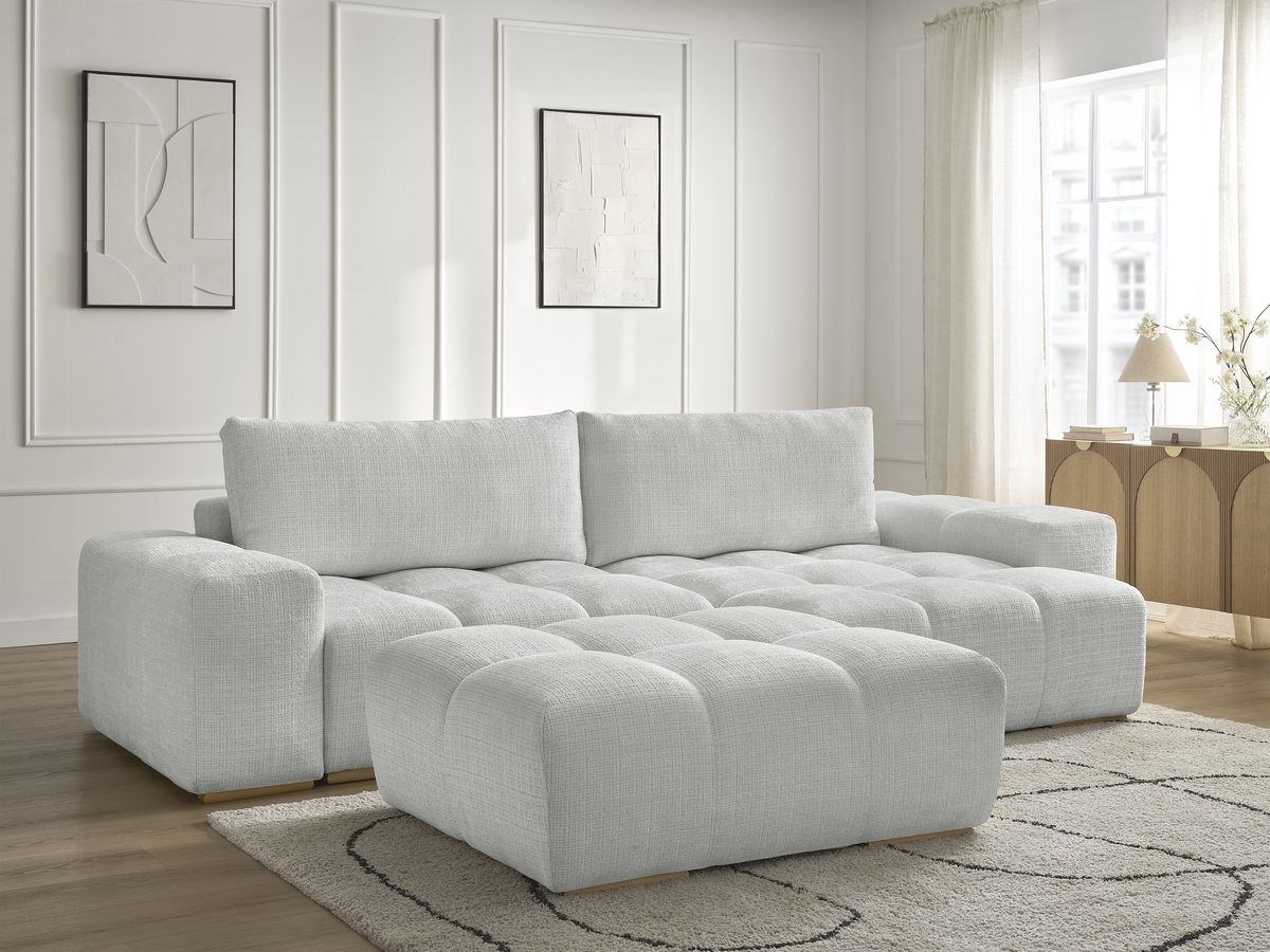 Bobochic Anakin Ecksofa mit Pouf, 2 Kissen Strukturstoff Hellgrau
