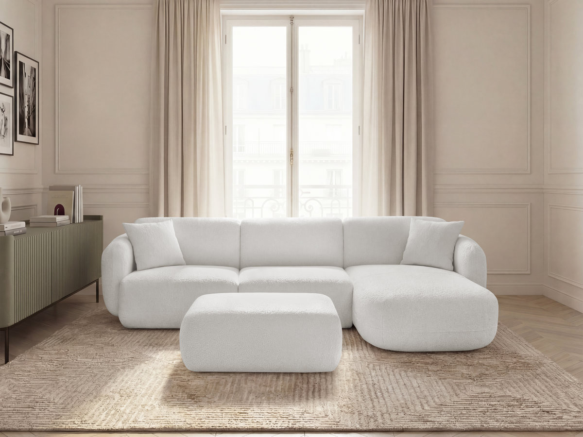 Bobochic Anda Ecksofa mit Pouf 292 × 163 cm Chenille Weiß Ecke rechts
