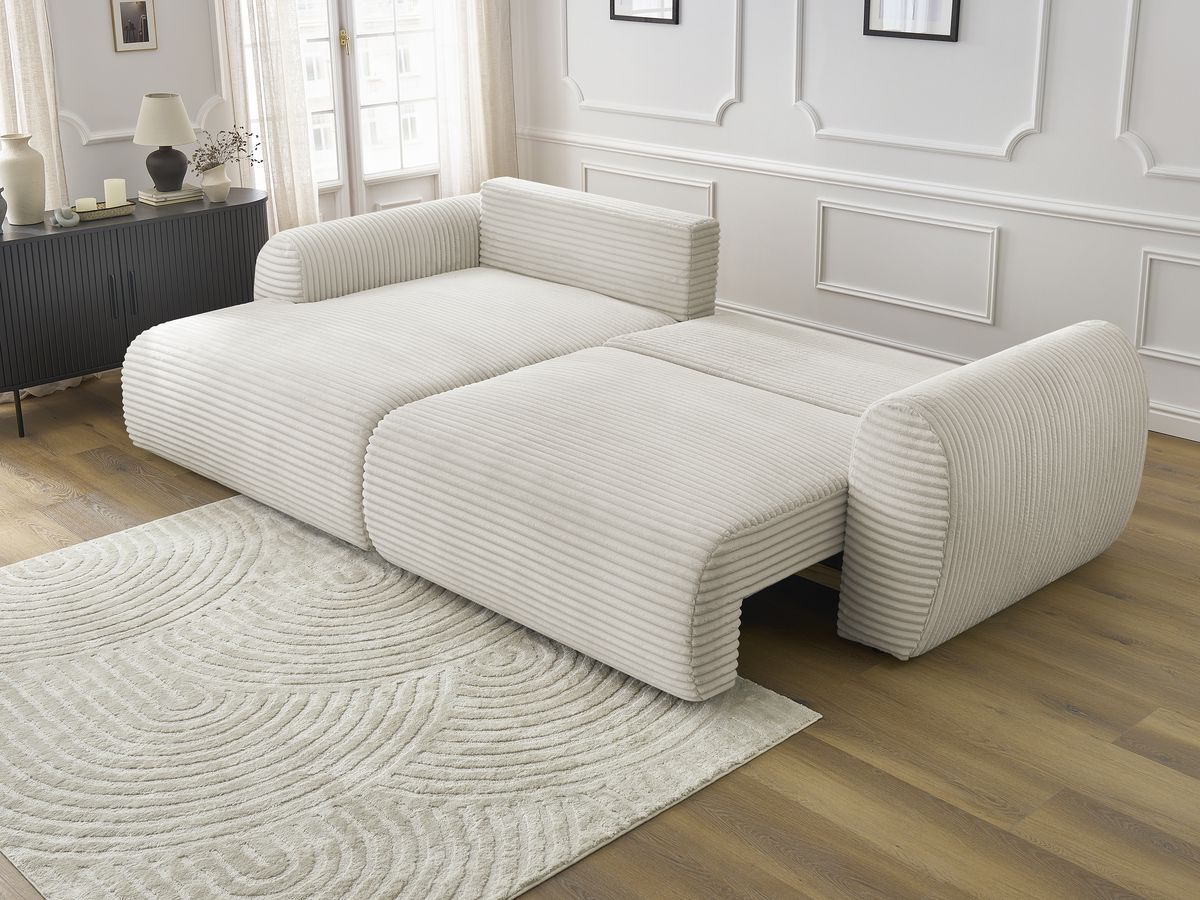 Bobochic Lucien Ecksofa mit Schlaffunktion und Bettkasten 314 × 167 cm Breitcord weich Beige Ecke links