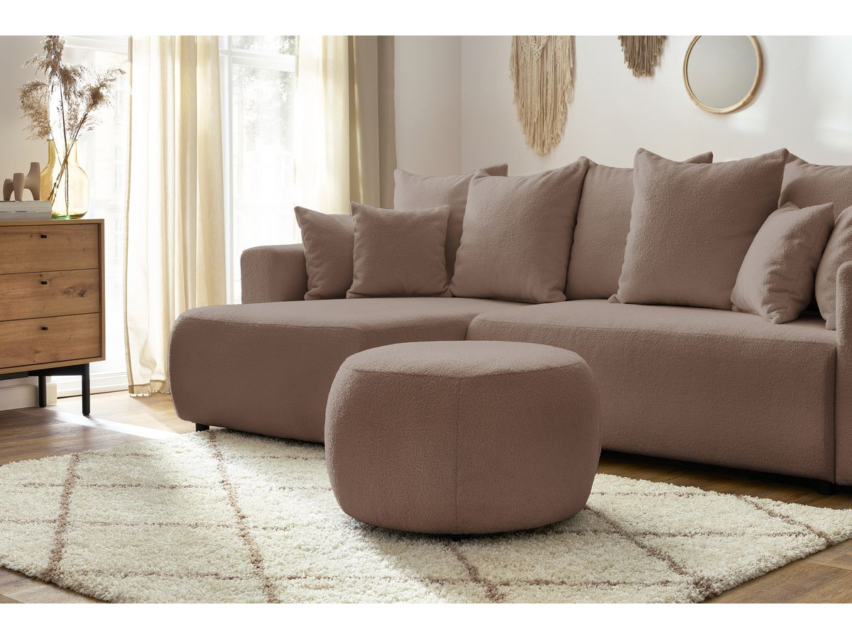 Bobochic Envy Ecksofa mit Schlaffunktion und Bettkasten und rundem Pouf Bouclé-Stoff Braun
