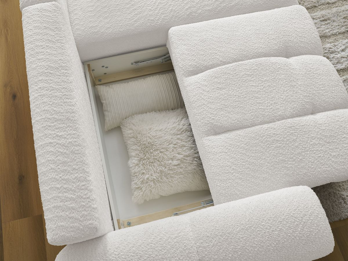 Bobochic Roxelane Ecksofa mit Schlaffunktion und Bettkasten 258 × 150 cm Bouclé-Stoff Weiß Ecke rechts