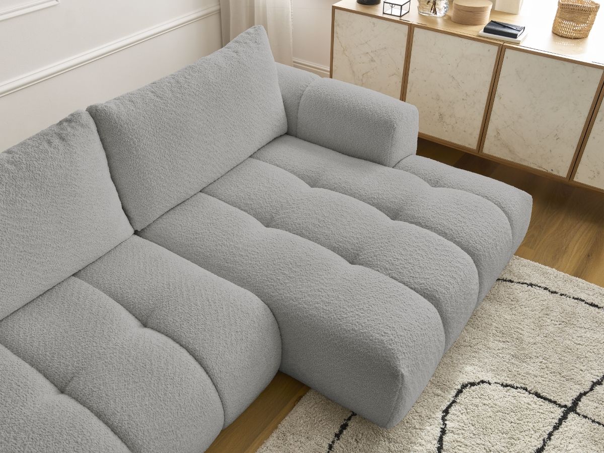 Bobochic Fuji Ecksofa mit Schlaffunktion und Bettkasten 292 × 160 cm Bouclé-Stoff Hellgrau Ecke rechts