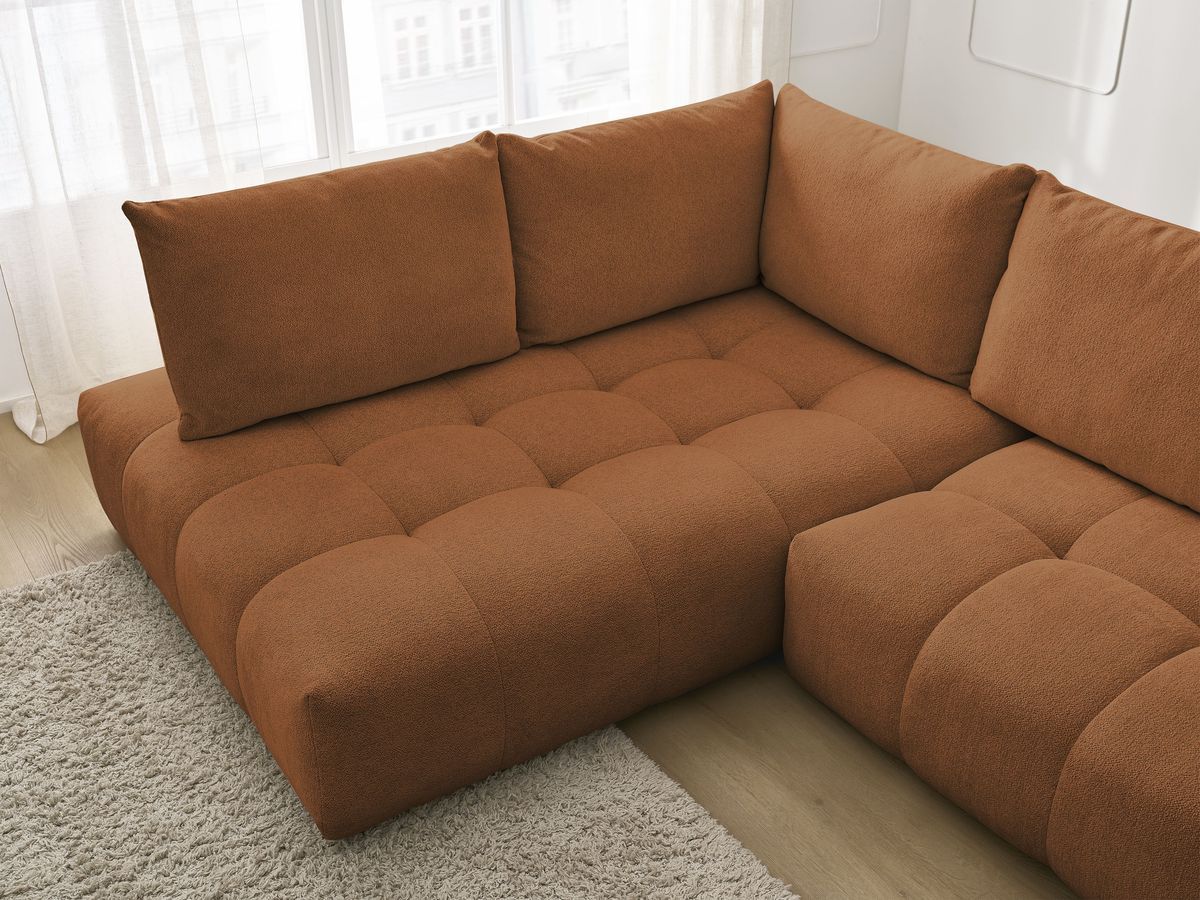 Bobochic Everest Ecksofa mit Schlaffunktion und Bettkasten 320 × 212 cm, 5 Kissen Melange-Stoff Orange Ecke links