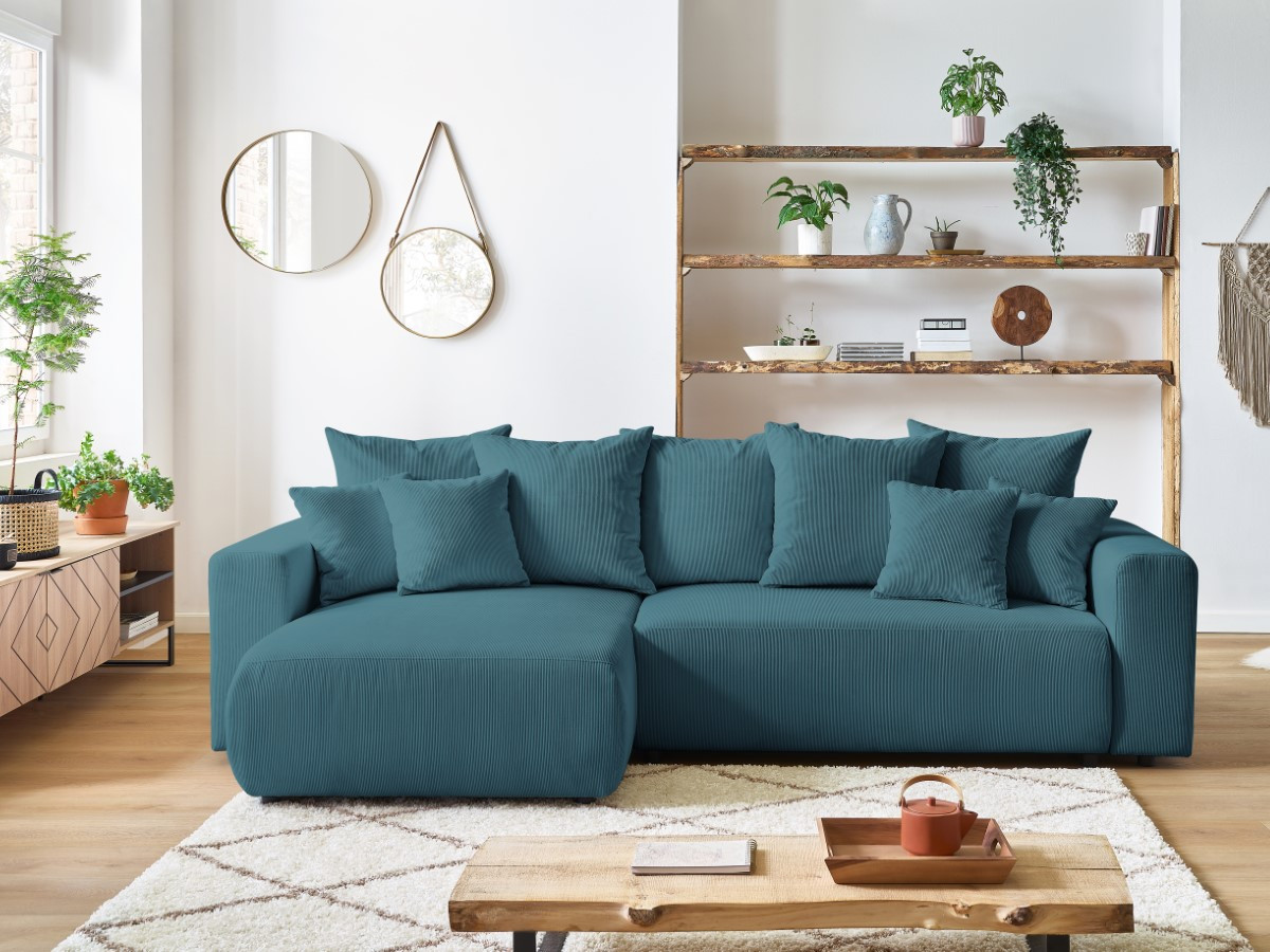 Bobochic Envy Ecksofa mit Schlaffunktion und Bettkasten Cordsamt Dunkelblau