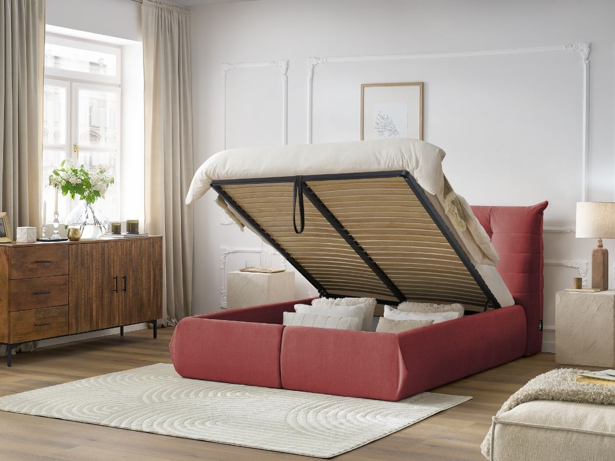 Bobochic Clothilde Polsterbett mit Bettkasten Samt Rot, Liegefläche 140 × 190 cm