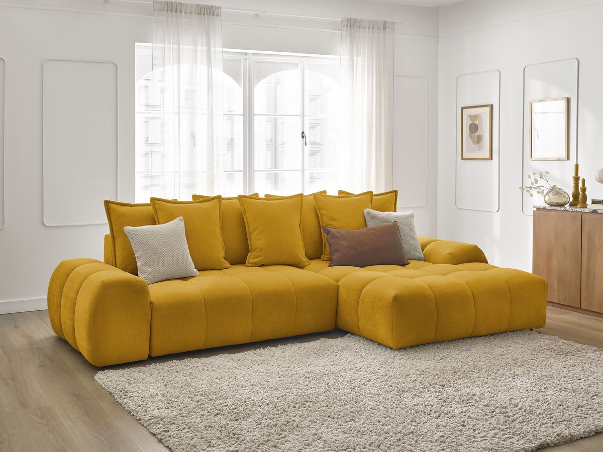 Bobochic Everest Ecksofa mit Schlaffunktion und Bettkasten 318 × 180 cm, 7 Kissen Strukturstoff Gelb Ecke rechts