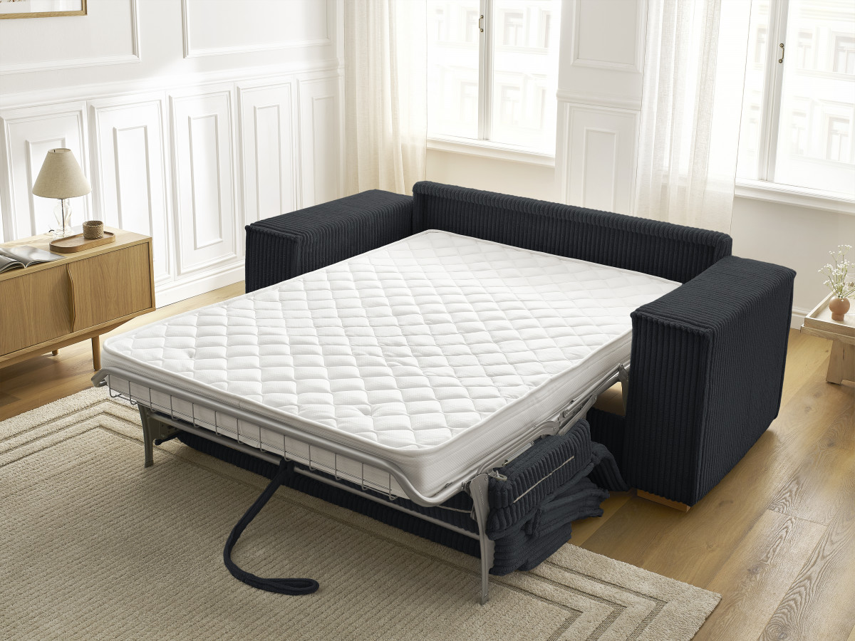 Bobochic Chelsea Schlafsofa 3-Sitzer Cordsamt Schwarz, Liegefläche 160 × 200 cm