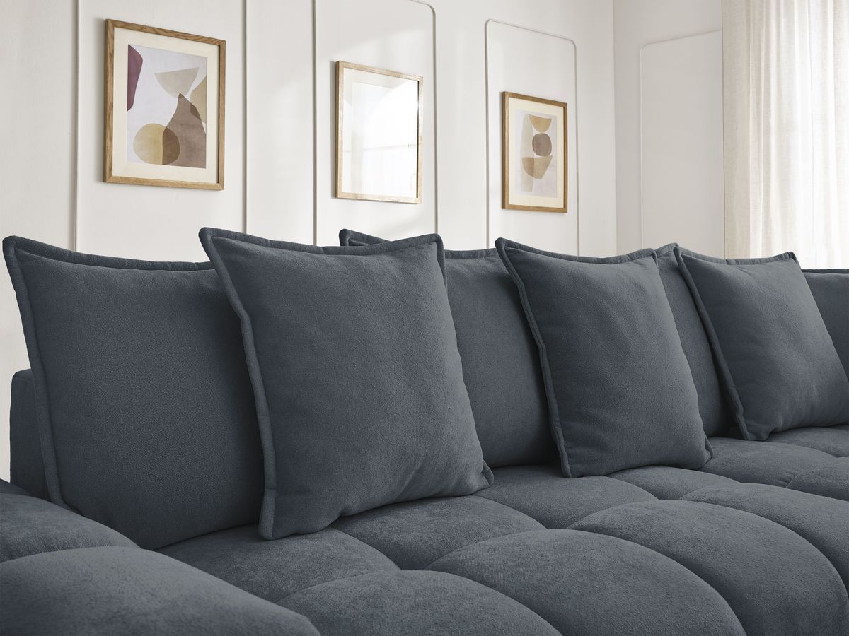 Bobochic Everest Ecksofa mit Schlaffunktion und Bettkasten 320 × 212 cm, 10 Kissen Strukturstoff Dunkelblau Ecke rechts