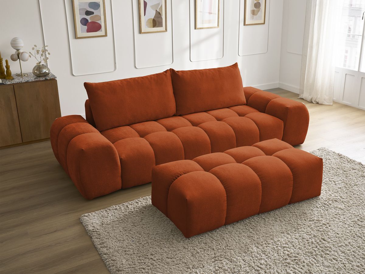Bobochic Everest Sofa 3-Sitzer mit Pouf, 2 Kissen Strukturstoff Orange