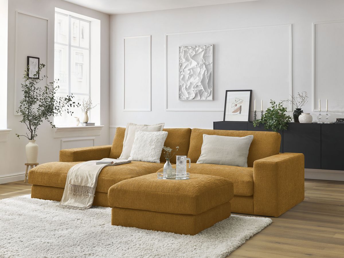 Bobochic Leonard Ecksofa mit Pouf 274 × 159 cm Strukturstoff Gelb Ecke links