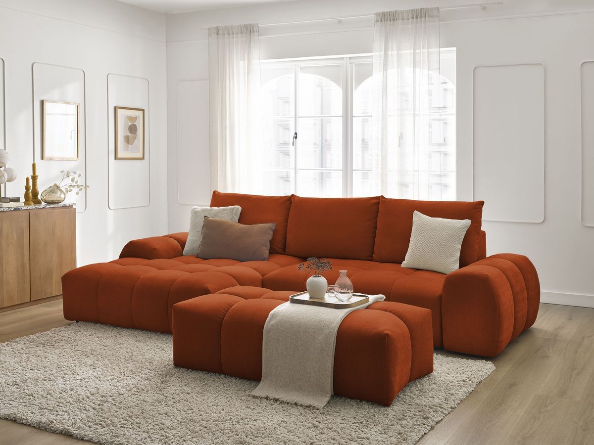Bobochic Everest Ecksofa mit Schlaffunktion und Bettkasten und Pouf 318 × 180 cm, 3 Kissen Strukturstoff Orange Ecke links