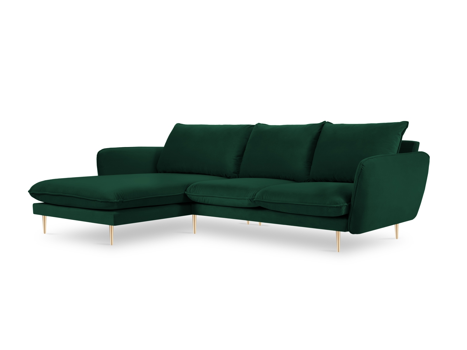 Cosmopolitan Design Ecksofa Vienna 5-Sitzer Samt Bluvel Flaschengrün Links Beine Gold