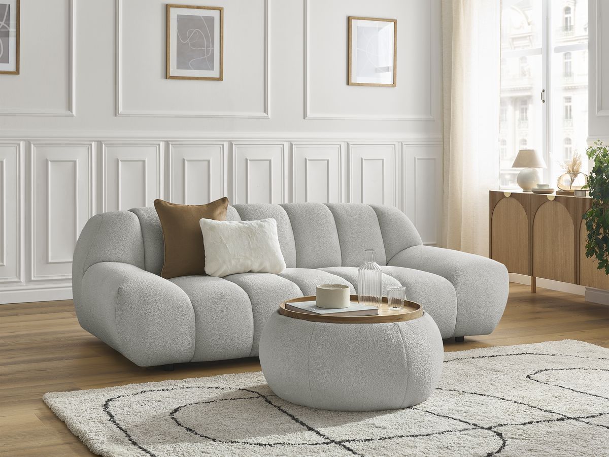 Bobochic Hayden Sofa 2-Sitzer mit Pouf Bouclé-Stoff Hellgrau