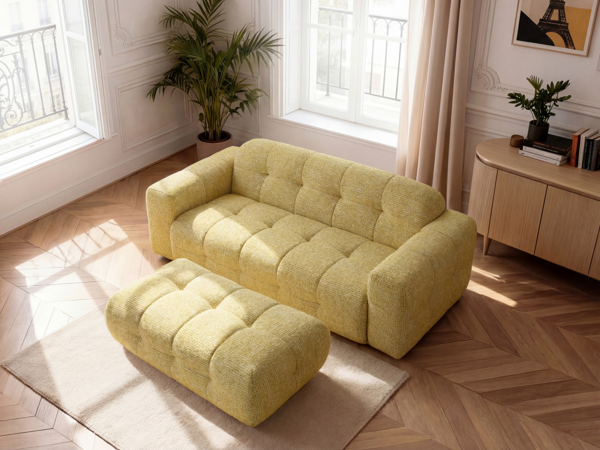 Bobochic Laura Sofa 3-Sitzer mit großem Pouf Melange-Stoff Gelb