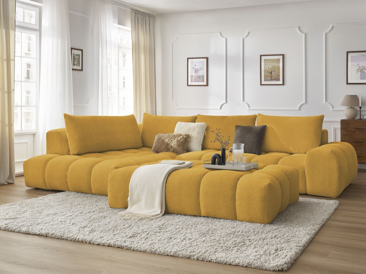 Bobochic Everest Ecksofa mit Schlaffunktion und Pouf, 4 Kissen Melange-Stoff Gelb Ecke links