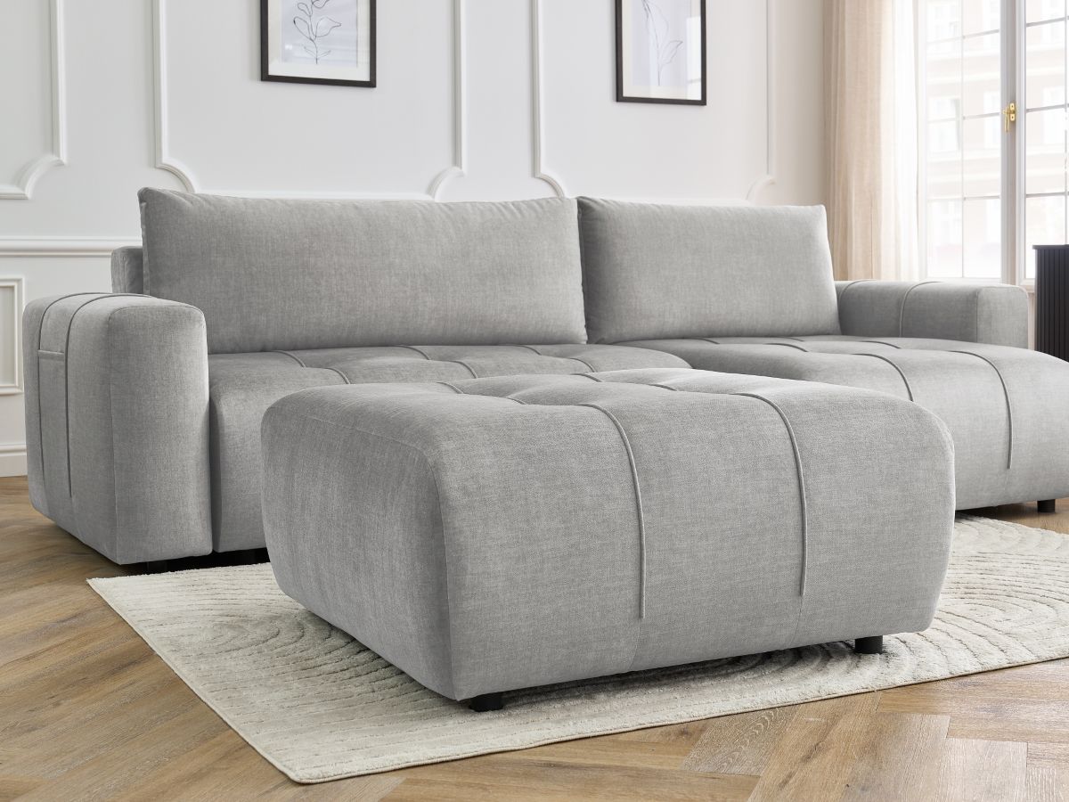 Bobochic Arsene Ecksofa mit Schlaffunktion und Bettkasten und Pouf 288 × 148 cm Samt Hellgrau