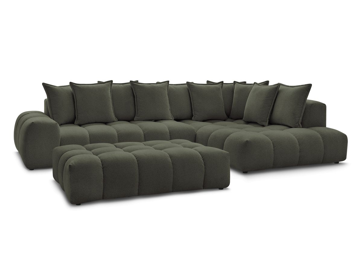Bobochic Everest Ecksofa mit Schlaffunktion und Pouf, 10 Kissen Melange-Stoff Grün Ecke rechts