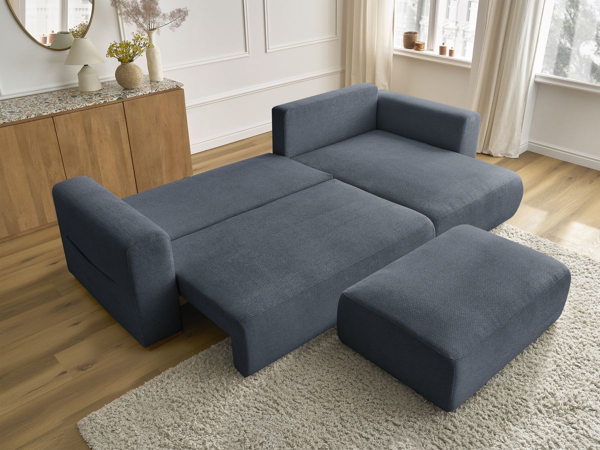 Bobochic Sidonie Ecksofa mit Schlaffunktion und Bettkasten und Pouf Melange-Stoff Dunkelblau