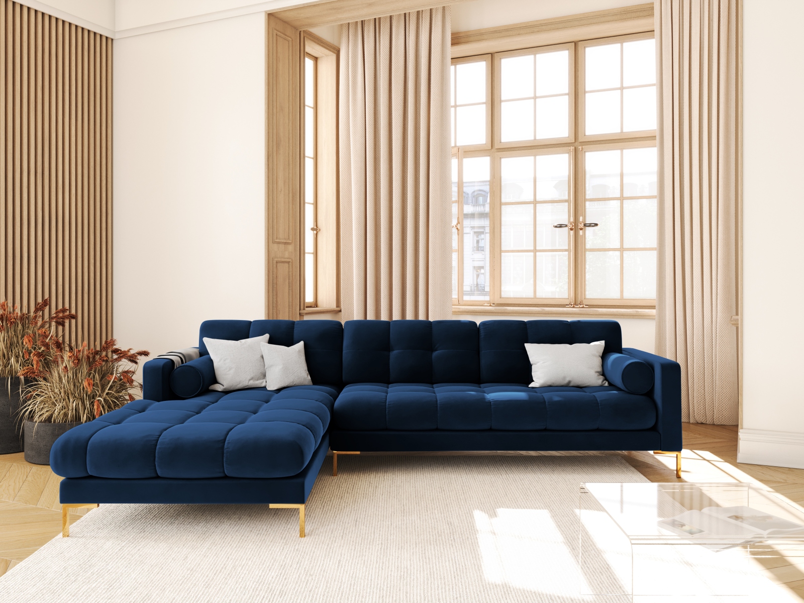 Cosmopolitan Design Ecksofa Bali 5-Sitzer Samt Bluvel Königsblau Links Beine Gold