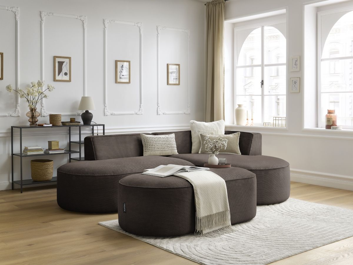 Bobochic Rousseau Ecksofa mit Pouf Cordsamt Braun Ecke rechts
