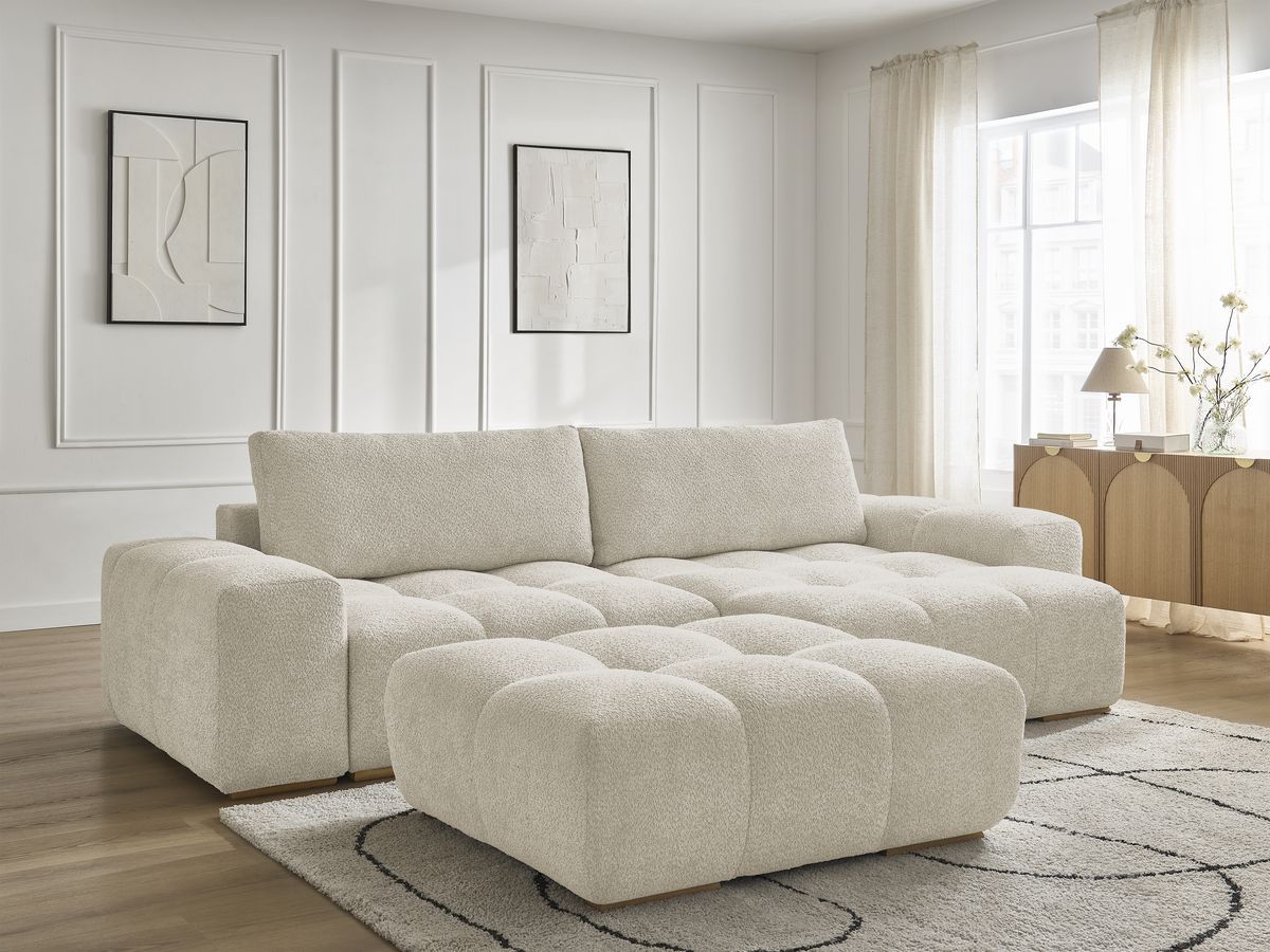 Bobochic Anakin Ecksofa mit Pouf, 2 Kissen Bouclé-Stoff Beige